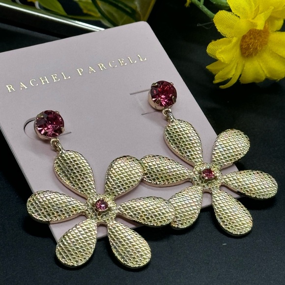 Rachel Parcell Pink Crystal Dangling Flower Statement Earrings - Picture 5 of 8